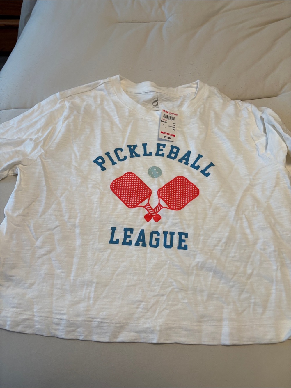 Lou and Grey White Pickleball League Tee with Red & Blue Graphics